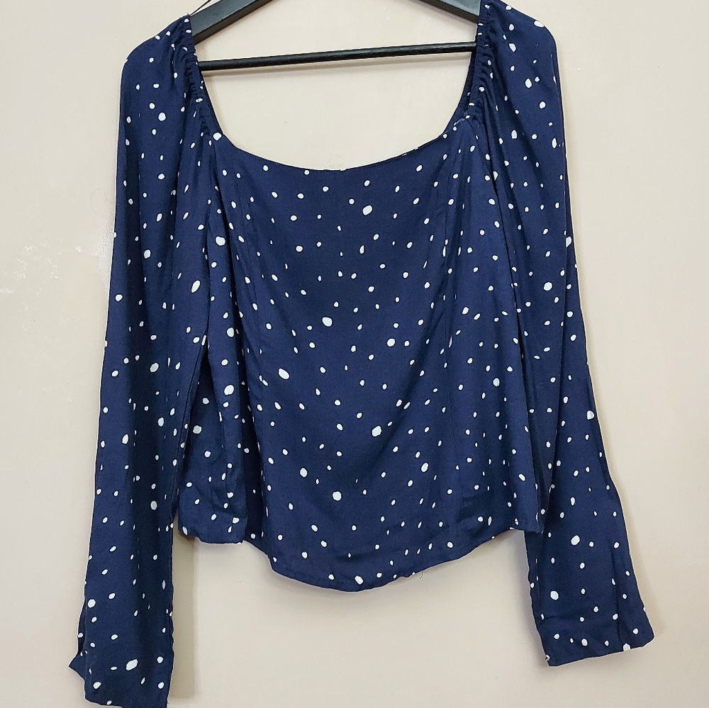 Elodie off the shoulder blue multi sized dot top with back ruching and a frill